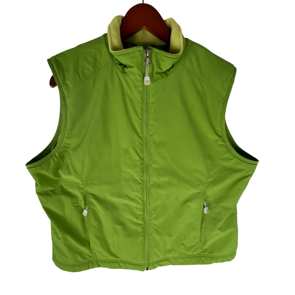 L.L.Bean Vest Jacket Women XL Green Fleece Lined Nylon Mock Neck Pocket Full Zip